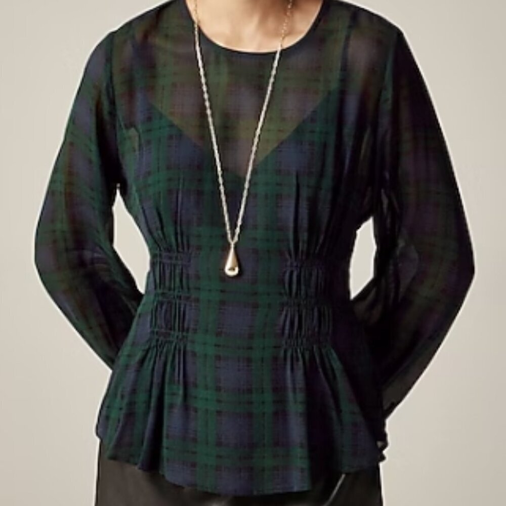 J.Crew Chiffon Shirred-Waist Top – Black Watch Tartan – Cooper Green/Blue – Size